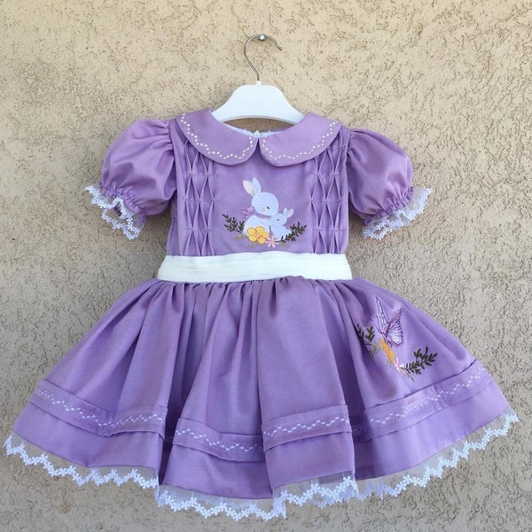 Lilac Bunny Embroidery Kids Easter Dress, Cute Easter Outfit, Girl Toddler Easter Dress, Girl Birthday Dress, Vintage Style kids Dress