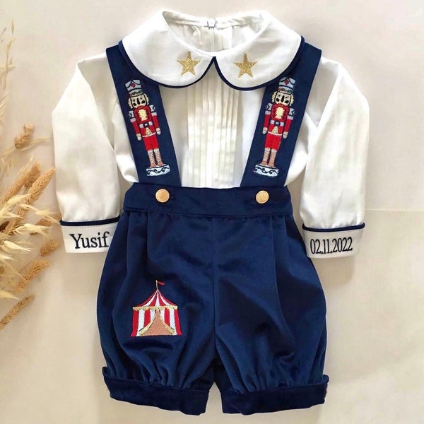 Luxury Nutcracker Baby Boy Christmas Outfit Set, Toddler Holiday Christmas Photoshoot Outfit Set, Navy Blue Velvet Baby Boy Outfit Birthday