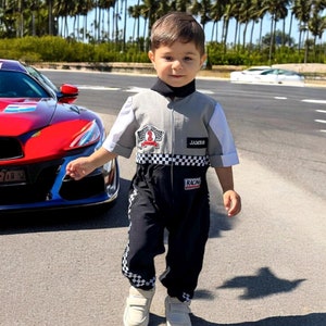 Aangepaste naam racer kostuum kinderen racepak nummer racepak verjaardag kostuum outfit peuter jumpsuit gepersonaliseerde racer autocoureur kostuum verjaardag