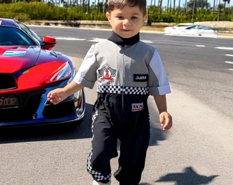 Kinder Name Racer Anzug Nummer Racing Suit Geburtstag Kostüm Outfit Kleinkind Overall Personalisierte Racer Autofahrer Kostüm Geburtstag