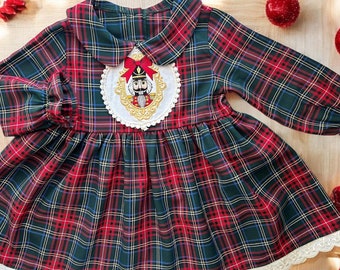 Embroidered Nutcracker Girls Christmas Dress, Baby Girls Plaid Christmas Photoshoot Dress, Kids Holiday Outfit, Nutcracker Dress