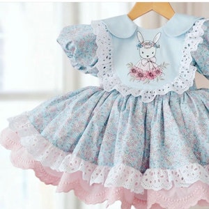 Vestido de Pascua para niñas, conejito bordado bebé azul floral bebé niñas niños vestido de Pascua, traje de Pascua para niños, conejito conejo niñas lindo vestido