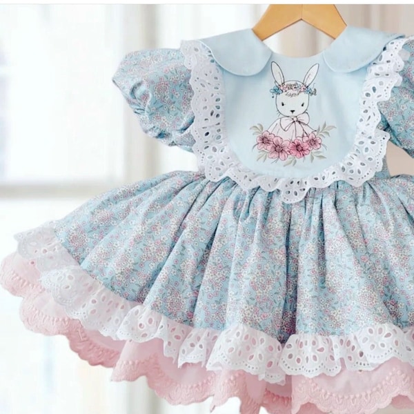 Girls Easter Dress, Bunny Embroidered Baby Blue Floral Baby Girls Kids Easter Dress, Kids Easter Outfit, Bunny Rabbit Girls Cute Dress