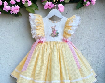 Super Cue Baby Girl Easter Outfit, Bunny Embroidered Yellow Cotton Girls Kids Toddler Easter Dress, Outfit, Egg Hunting Outfit