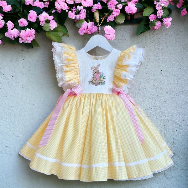 Super Cue Baby Girl Easter Outfit, Bunny Embroidered Yellow Cotton Girls Kids Toddler Easter Dress, Outfit, Egg Hunting Outfit