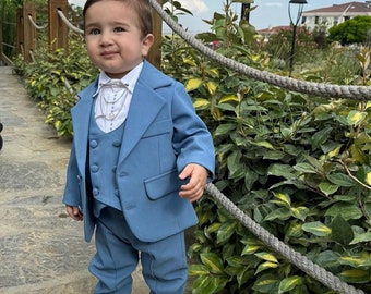 ブルー 男の子 バースデースーツセット、カスタム名入り 男の子 パンツ、シャツ、ジャケットセット 幼児 結婚式 誕生日 洗礼 洗礼