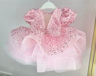 Baby Girl Puffy Pink Sparkle Sequin Birthday Dress, Baby Girl Toddler 1st, 2nd birthday dress, Girl Sequin Dress, Special Occasion Dress