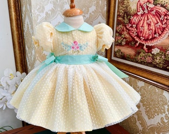 Yellow Tulle Vintage Style Embroidered Girl Birthday Party Dress