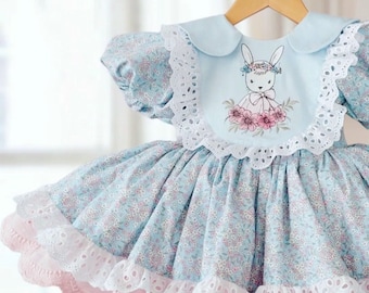 Girls Easter Dress, Bunny Embroidered Baby Blue Floral Baby Girls Kids Easter Dress, Kids Easter Outfit, Bunny Rabbit Girls Cute Dress