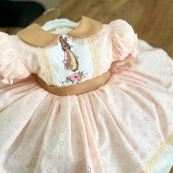 Embroidered Bunny Girls Kids Easter Dress, Baby Girl Easter Outfit Dress Pink Baby Girl Kids Easter Outfit Vintage Style Kids Birthday dress