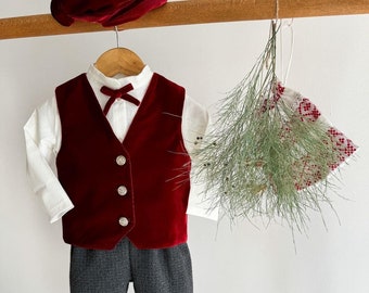 Baby Boy Christmas FULL SET Outfit Set, Kids Vintage Style Red Vekvet Vest Christmas Outfit Set, Christmas Photoshoot Kids Outfit Suit