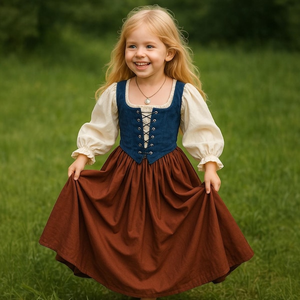 So Cute Girl Renaissance Dress – Medieval Baby Girl Halloween Costume –Blue and Cream retro Girl Dress – Medieval Peasant Princess Outfit