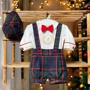 Baby Boy Custom Initials Christmas Outfit, Baby Boy Plaid Christmas Outfit Set Kids Christmas Photoshoot Outfit Romper Set