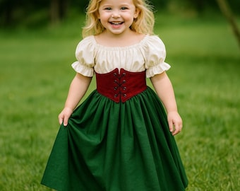 女の子用ルネッサンス農民ドレス - 中世の幼児用コスチューム、コルセットウエスト付き、お祭りやハロウィンなどの特別な機会にぴったりのプリンセス風キッズコスチューム