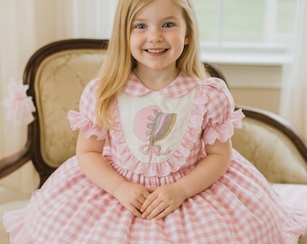 Rosa ginghamklänning med broderad vintagehatt för småbarn – Southern Belle-stil, födelsedags- eller tävlingsklänning för flickor, tebjudningsklänning