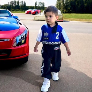 ブルー キッズ カスタム名前と番号 レーシングスーツ 誕生日コスチューム 衣装、幼児用カーレース パーソナライズ レーサーカードライバーコスチューム 誕生日