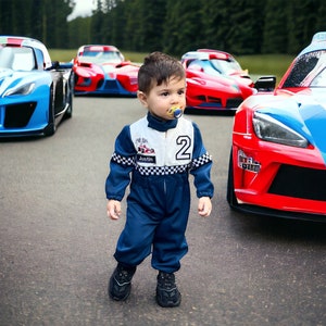 男の子のカスタムネームレーシングスーツ誕生日コスチューム衣装、幼児男の子レーサージャンプスーツ、パーソナライズされたレーサースーツカードライバーコスチューム誕生日