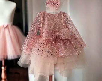 Dusty Pink Sequin Baby Girl Birthday Dress, Girls Birthday Dress, Girl Toddler Kids Pageant Dress, 1st birthday Dress, Pink Baby Dress