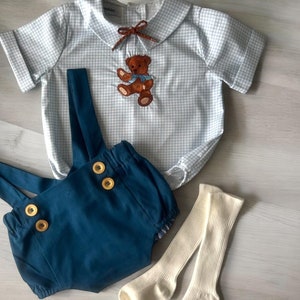 Blue Baby Boy Birthday Outfit Set with SOCKS. Embroidered Bear Shirt Blue Kids Romper Special Occasion Birthday Party Outfit, Vintage Style