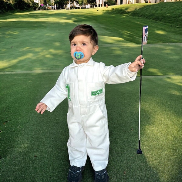 Kids Golf Caddie Uniform, Custom Name and Number Girl Boy Toddler Golf Jumpsuit Caddie Uniform Jumpsuit Costume