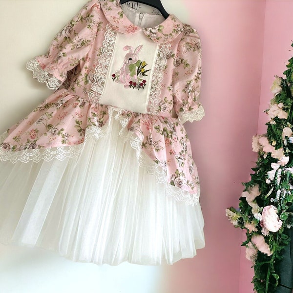 Kids Easter Dress, Baby Girl Bunny Embroidered Pink Tutu dress, Vintage Style Girls Easter Dress