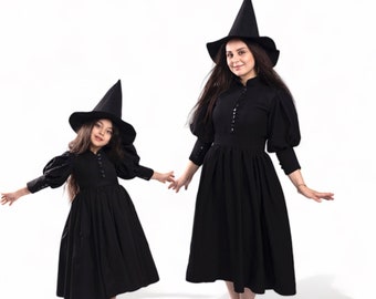 Moeder-dochter heksenjurk voor Halloween Mam en ik bijpassende Halloween-kostuum, zwarte kinderen vrouwen gezwollen mouw heks Halloween-jurk outfit