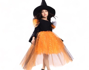 Kids Starry Fairy Black Witch Costume with Long Train, Kids Girl Toddler Halloween Costume, Witch Dress Costume Halloween Costume