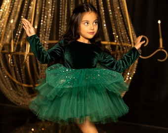 Green Velvet Starry Tulle Girl Christmas Holiday Dress, Baby Christmas Tutu Dress, Baby 1st Christmas Dress, Girl Holiday Dress