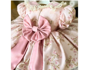 Floral Girl Birthday Dress, Kids Baby Girl Easter Dress, Girls Cute Floral Pink Vintage Style Kids Birthday Party Dress , Big bow kids dress