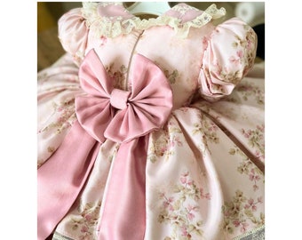Handmade Floral Girl Dress, Pink Vintage Style, Big Bow Kids Party Dress