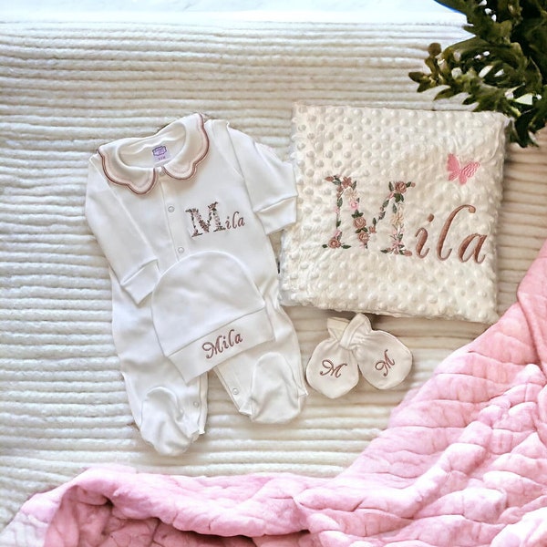 Baby-Mädchen-Neugeborenen-Outfit-Set für Krankenhaus-Nachhause-Outfit, personalisiertes Baby-Geschenk, individueller Name, Babyparty-Geschenk, monogrammiertes Schläfer-Neugeborenes