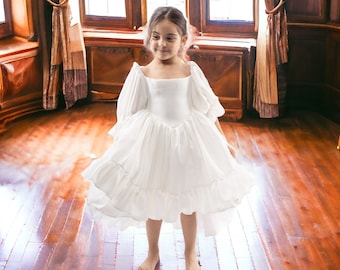 Cute Flower Girl Dress, Long back Soft Flower Girl Wedding Dress Toddler Infant Kids Wedding Dress Baby Baptism Dress First Communion Dress