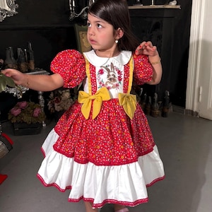 Girls Easter Dress, Red Floral Bunny Embroidered Kids Baby Girls Easter Outfit Dress, Kids Bunny Vintage Style Dress, Easter Look, Easter