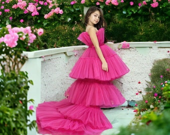 Girls Long Train Special Occasion Tulle Dress, Hot Pink Girls Wedding Dress, Girls Pink Tutu Birthday Dress