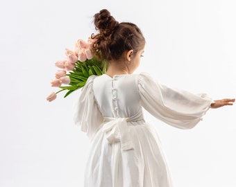 Boho Flower Girl Dress, Pearl Buttons White Flower Girl Dress Balloon Sleeves Boho Style  Flower Girl Dress Girl Pageant Dress Baptism Dress
