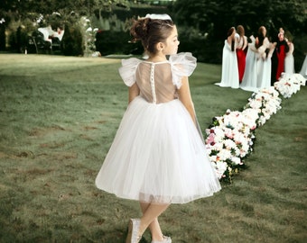 White Tulle Share Back Flower Girl Dress, Tulle Girl First Communion Dress, Girls Pageant Dress, Kids Toddler Girl Dress, Kids Wedding Dress
