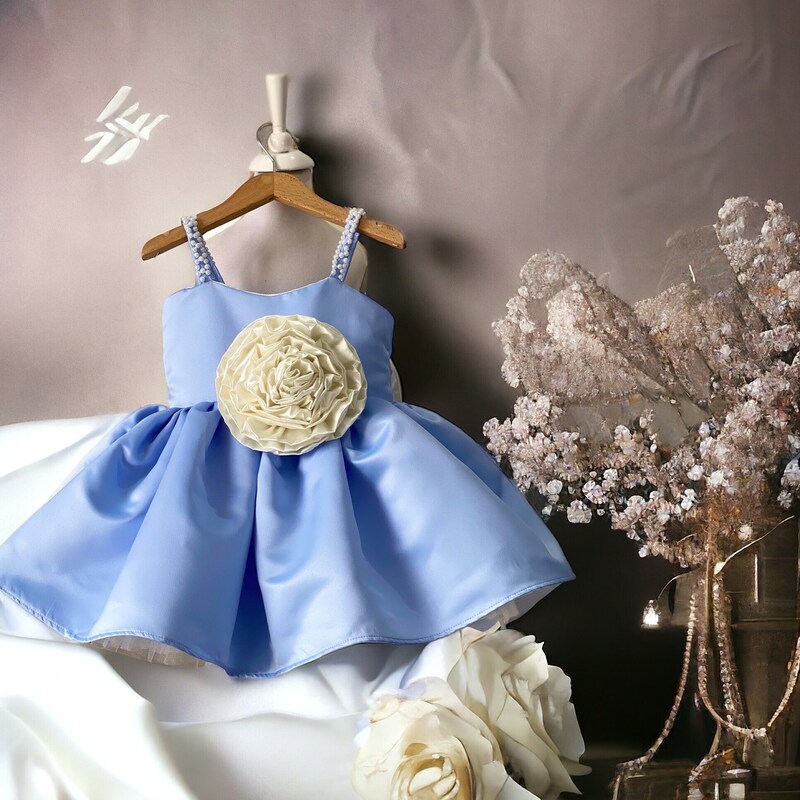 Baby Girl Mid-Season Dress In Terry Stuff Flowers Sky Blue Color