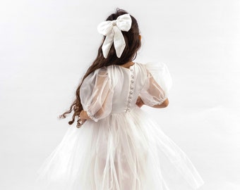 Pearl Button Details Tulle Flower Girl Dress, Tulle Baby Girl Wedding Dress, Tulle Toddler White Dress Flower Girl Gown, Girl Birthday Dress