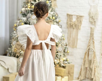 Boho Style Flower Girl Dress, Kids Toddler Girls wedding Dress, Kids white Dress, Flower Girl Back Details Dress, Girl Wedding Dress