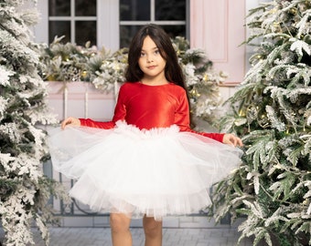 Robe de Noël pour bébé fille en velours rouge, Look tenue de robe de Noël pour enfant, Robe de soirée de Noël pour enfant, Robe en tulle pour séance photo de Noël