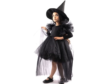 Kids black witch costume , girl halloween costume dress, Girl witch costume with HAT, Kids halloween costume