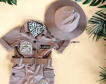 Custom Name Kids Safari Theme Birthday Costume , Safari Guide Baby Boy Baby Girl Jumpsuit Outfit Costume, Safari Toddler Birthday Outfit