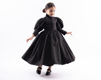 Girl Elegant Black Dress, Girl Gothic Black Outfit, Girl Witch Dress, Kids Black Halloween Costume Dress Outfit Girl Black Victorian Dress