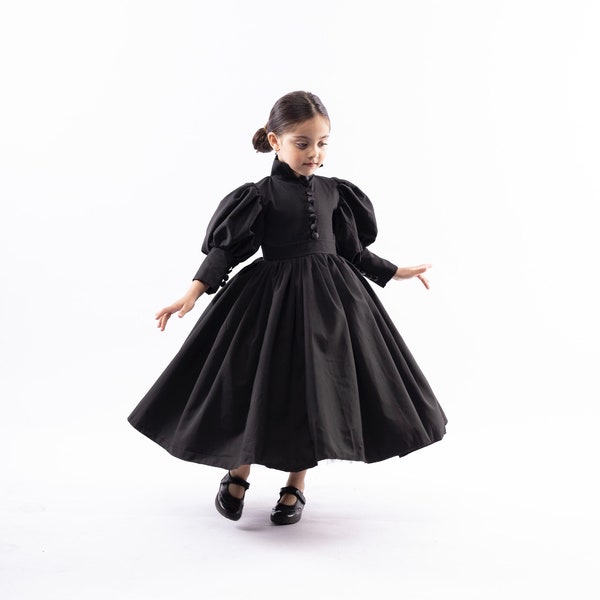 Girl Elegant Black  Dress, Girl Gothic Black Outfit, Girl Black Cotton Dress, Kids Black Halloween Costume Dress Outfit, Girl Puffy Sleeves