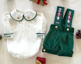 Green Velvet Baby Boy Nutcracker Christmas Outfit , Baby Boy Holiday Christmas Photoshoot Outfit Set, Toddler Green Christmas Holiday Outfit