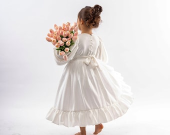 Elegant Flower Girl Dress, Wide Skirt Ballon Sleeve Pearl Buttons Boho Style Flower Girl Dress, Kids White Dress, First Communion Dress