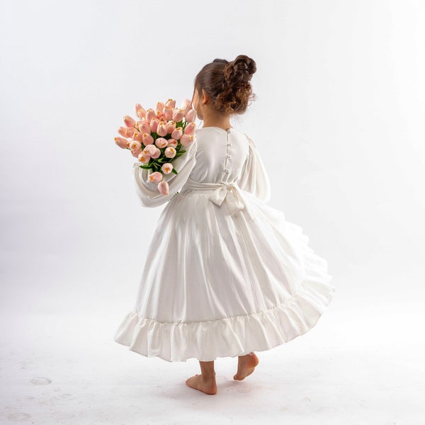 Elegant Flower Girl Dress, Wide Skirt Ballon Sleeve Pearl Buttons Boho Style Flower Girl Dress, Kids White Dress, First Communion Dress