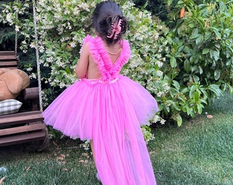 Bebé niña rosa desmontable tul fiesta de cumpleaños vestido niños niño bebé niña ocasión especial vestido niños fiesta de cumpleaños vestido rosa tutú vestido