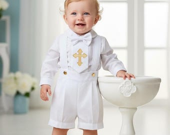 White Baby Boy Baptism Outfit: Gold Cross Embroidered Name Suit