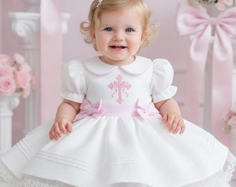 Baby Girl Pink Cross Embroidered Baptism Christening White Dress Vintage Style Puffy Baby Girl Baptism Dress